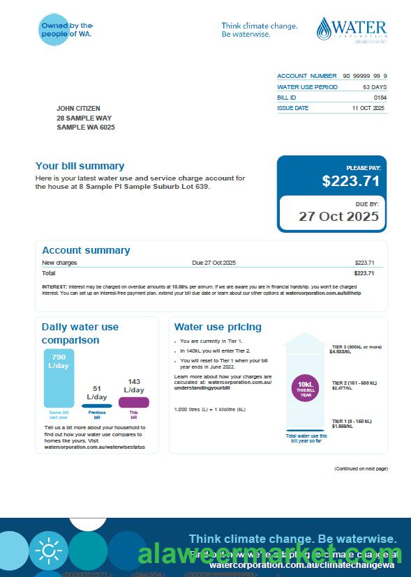 Australia Water Corporation utility bill template in Word and PDF formats